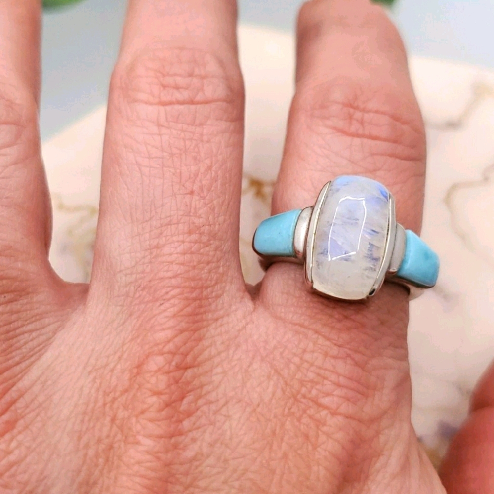 Sterling Silver Moonstone Larimar Ring. - image 3